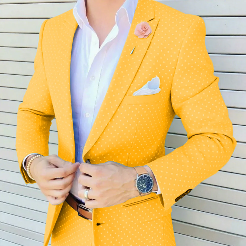 Dark Blue Dot Men's Suit Peaked Lapel Blazers Wedding Male Tuxedos One Button Slim Fit Groom Wear 2 Pieces Prom Jacket And Pants