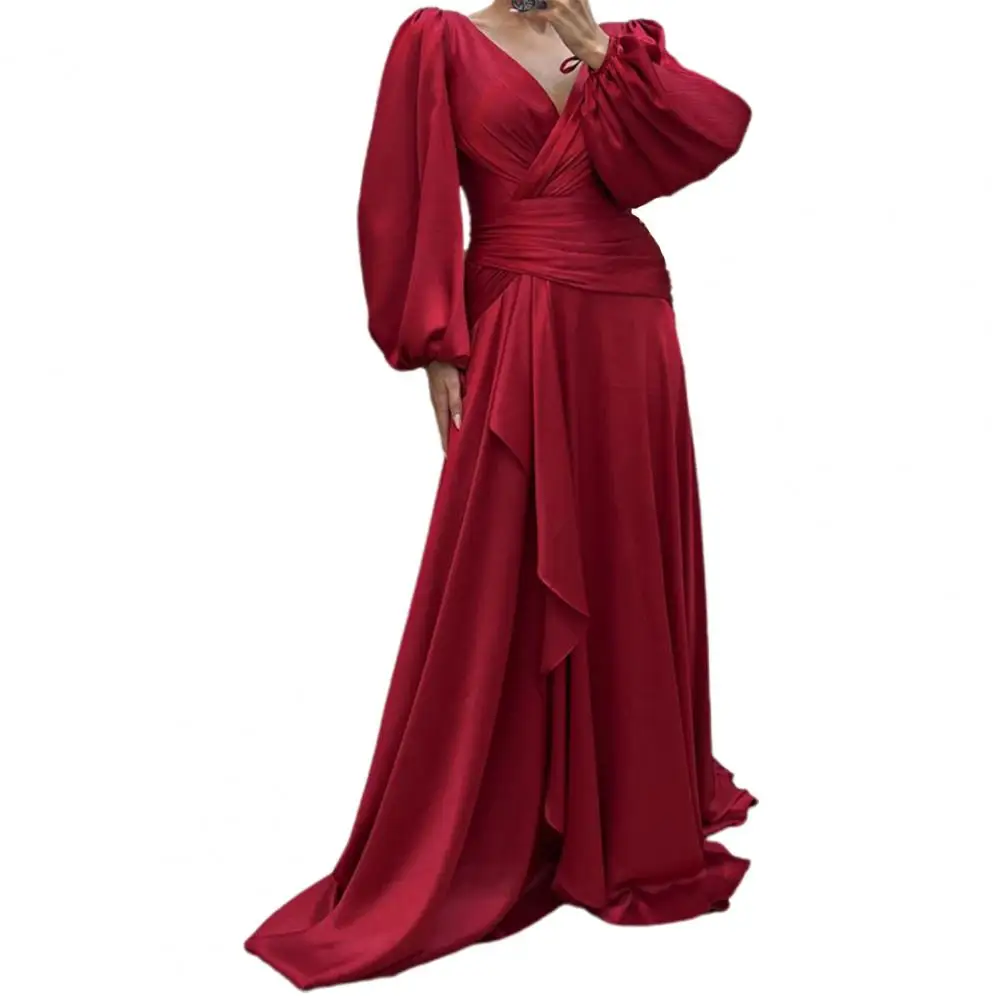 우아한 여성 연회 원피스 새틴 단색 롱 랩 가슴 긴 랜턴 소매, 가을 겨울 분위기 있는 이브닝 원피스, 2023