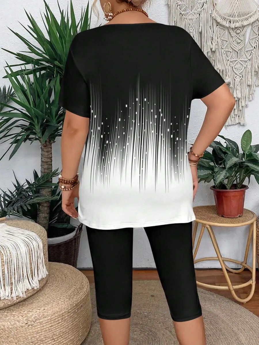 Women's Spring and Summer Fashion Gradient Graphic Print Short-Sleeved T-Shirt + Pants Two-Piece Set