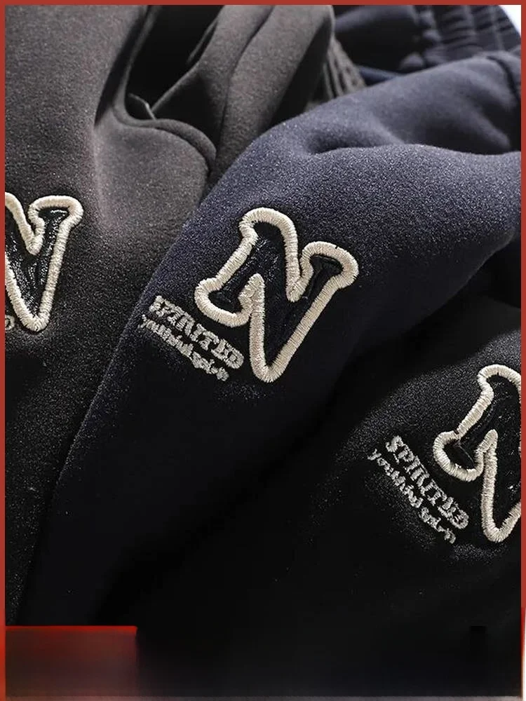 

Men's Fce Lined Thiened Embroidered Sports Casual Pants Winter New Sle Trendy Sweatpants Loose Straight Leg mid Waist