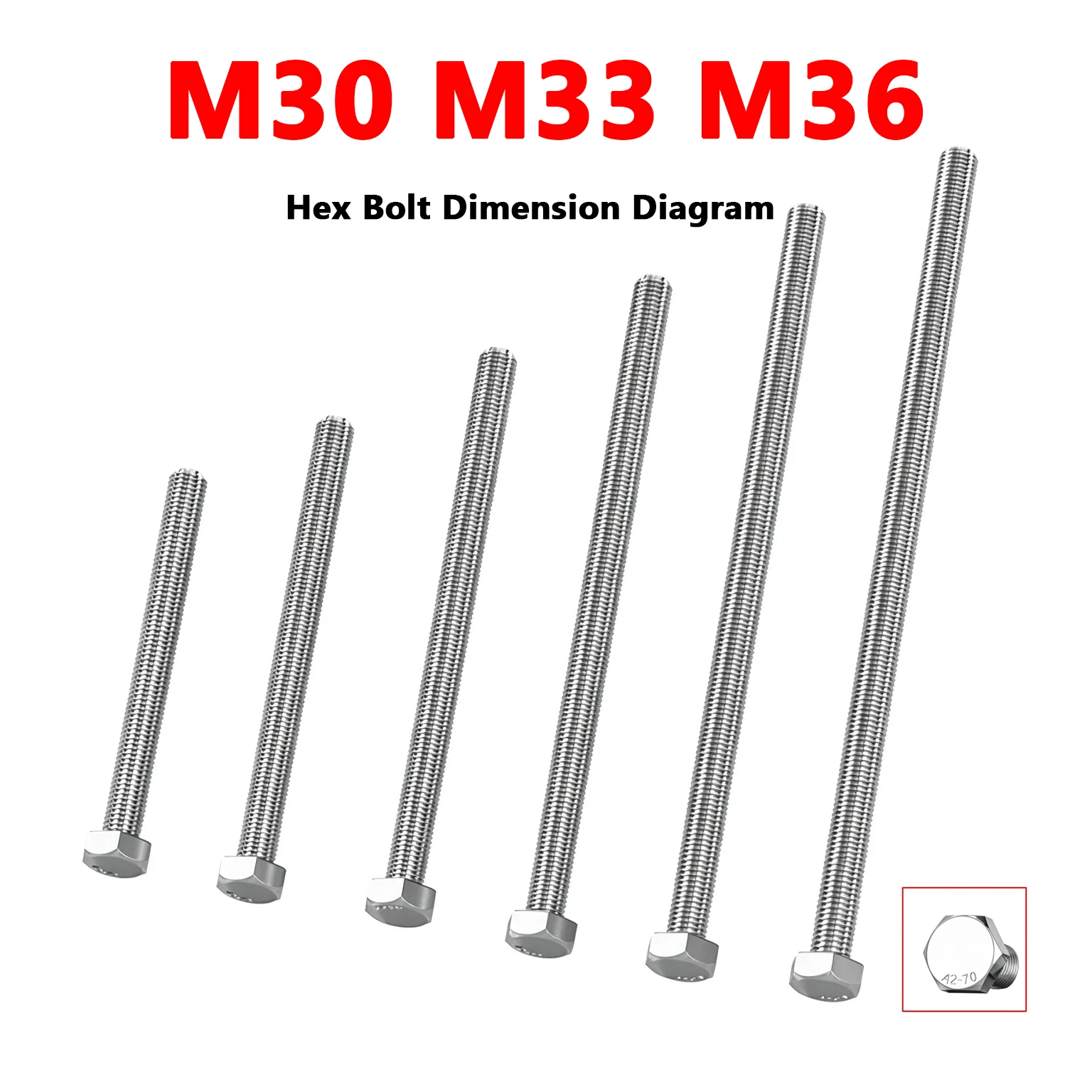M30 M33 M36 304 Stainless Steel Extra Long External Hexagon Head Screw DIN933 Metric Full Thread Hex Bolt A2-70 Fastener