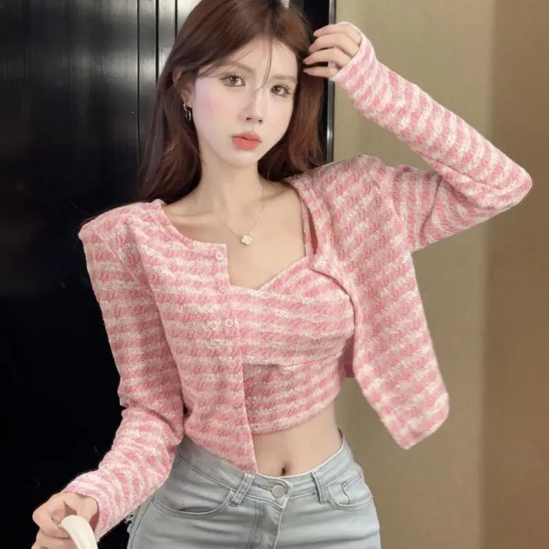 Pure Desire Sweet Spicy Girl Bra Top Women's Autumn Little Fragrance Style Cardigan Suspender Vest Two-piece Set Female Clothes