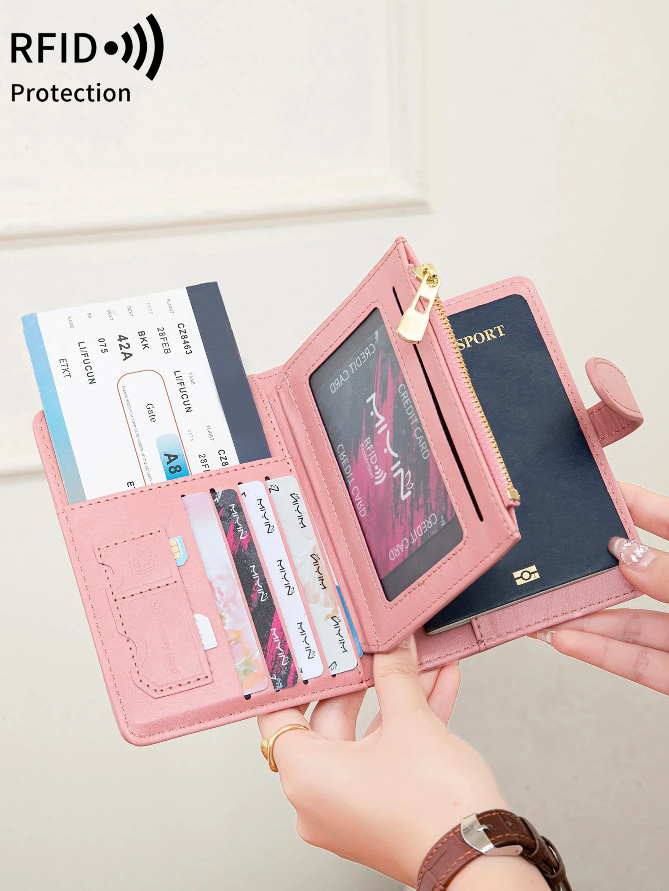 Multi functional RFID anti-theft brush passport bag fashionable multi card slot passport clip PU leather large capacity wallet