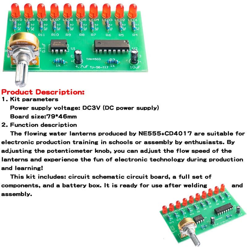 NE555 + CD4017 lampu aliran LED papan sirkuit Las Kit DIY Set komponen elektronik Kit pelatihan pengelasan