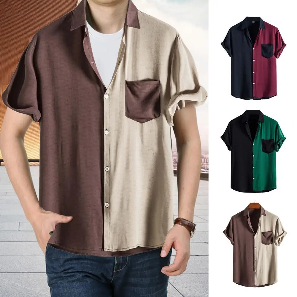 Short Sleeve Single Breasted Pocket Male Shirt Patchwork Color Turn-down Collar Stylish Top Workwear Colorblock Beach Male Shirt