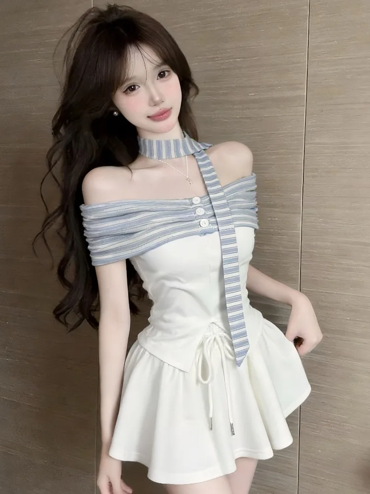 

Retro Striped One-Shoulder Spicy Sleeveless Vest Women's Summer New Style Slimming Belted Short Top Sweet Style Casual Wear
