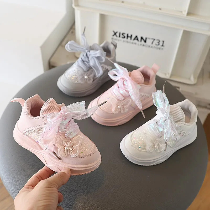 Girls Casual Shoes Chinese Style Kids Princess Shoes with Sweet Flowers 2026 Autumn New Girls Sports Shoes with Cute Ribbon Bow