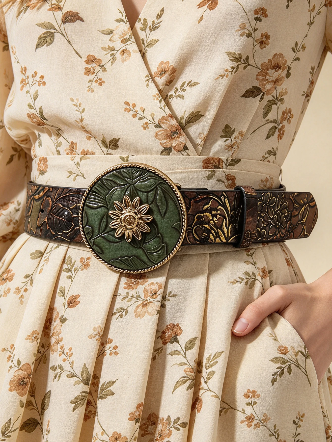 Vintage Western Round Floral Big Buckle Belt, Embossed Pu Leather Waist Belt Women Cowboy Decorative Belt