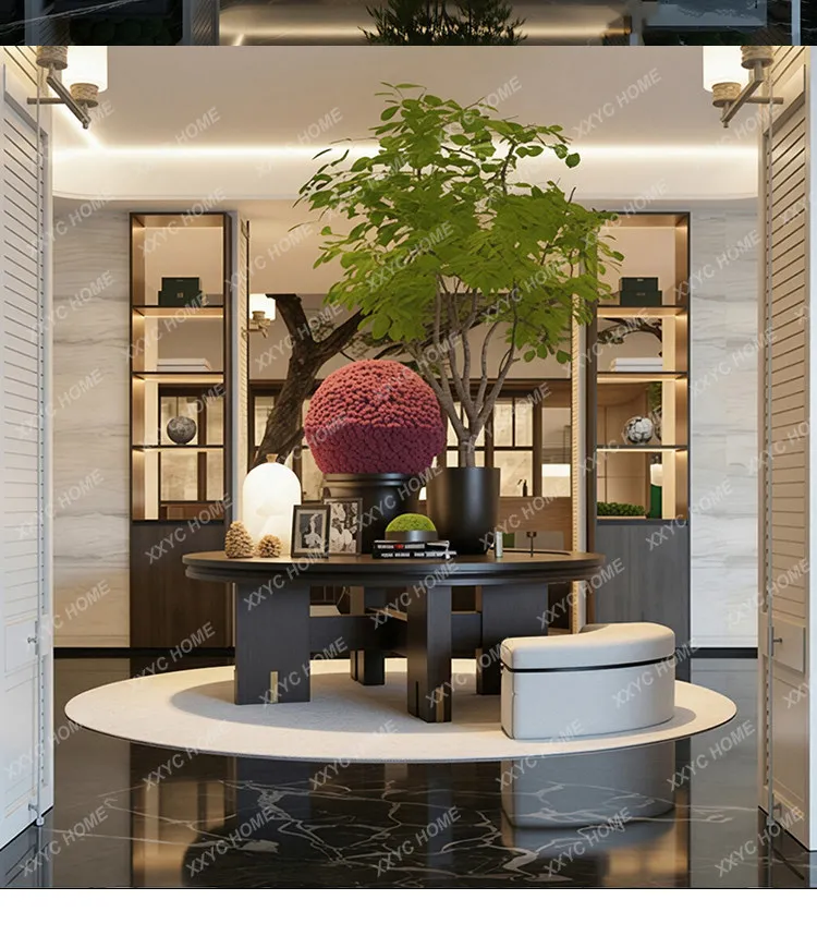 Light luxury hotel reception area lobby solid wood flower table villa front desk living room table and chair feng shui table