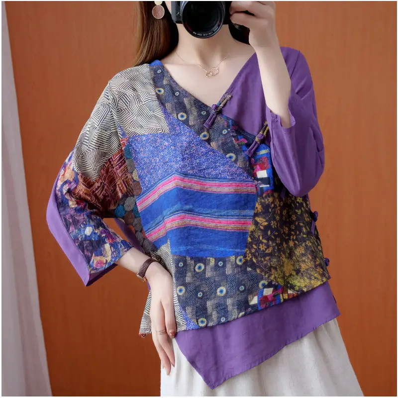 Women\'s Irregular 2023 Spring and Autumn New Retro Printed V-neck Contrast Color Patchwork Loose Shirts 5/4 Sleeve Pullover Tops