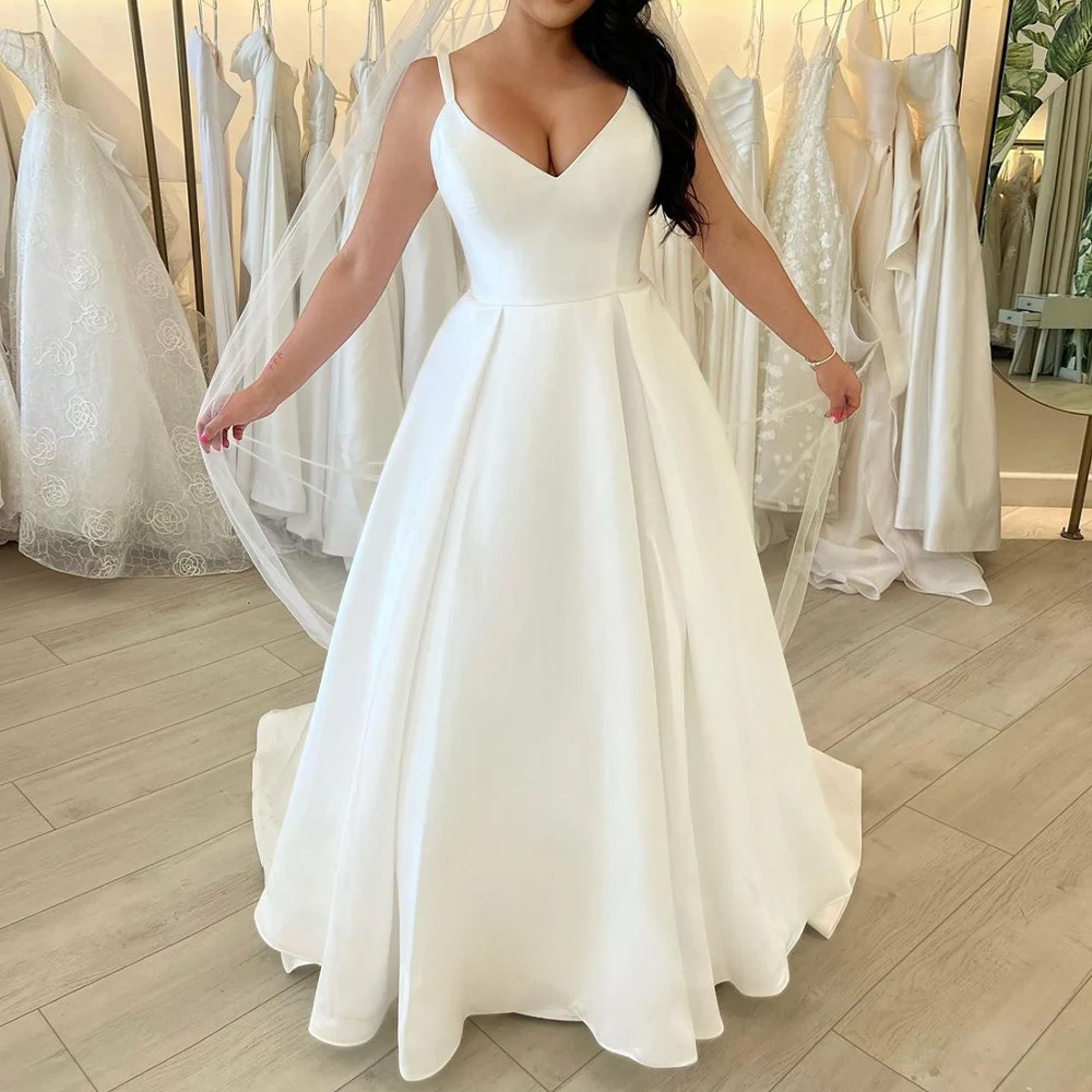 

Wedding Dress White Satin Spaghetti Straps V Neck A Line Elegant Wedding Gowns for Women Ruched Simple Bridal Dresses Long