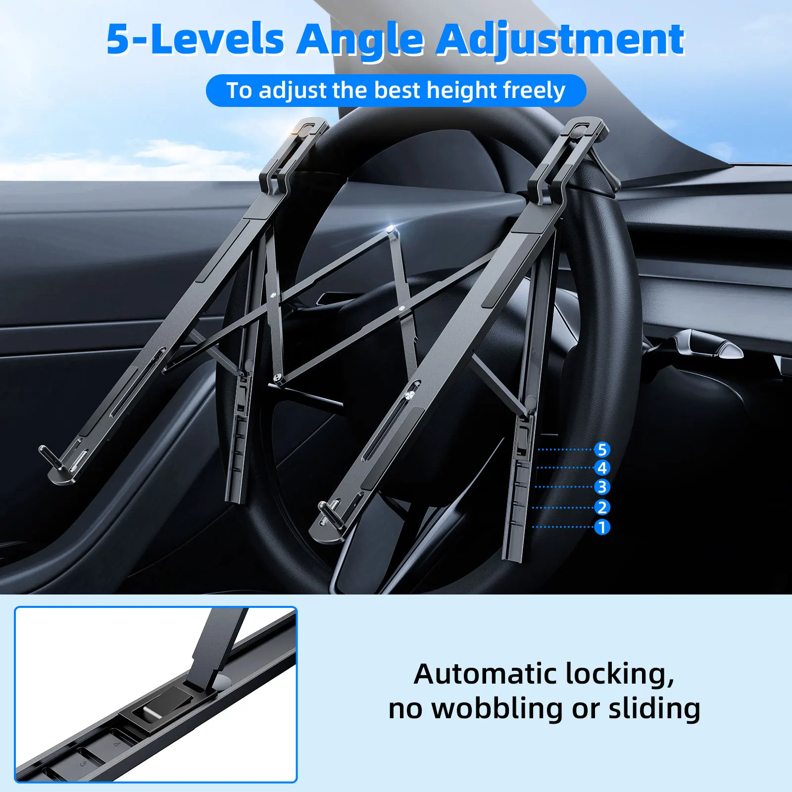 Eary Portable Car Steering Wheel Laptop Stand Foldable Holder 5-Level Adjustable Compatible For iPad Mini Tablet Car Accessories