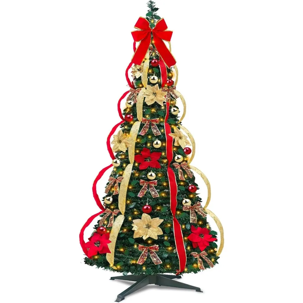 

6.5 Ft Prelit Full Pop up Christmas Tree with Timer 8 Mode 200 Warm Lights, Ornaments, Red&Gold Ribbon, Flowers, Bows,UL Plug Po