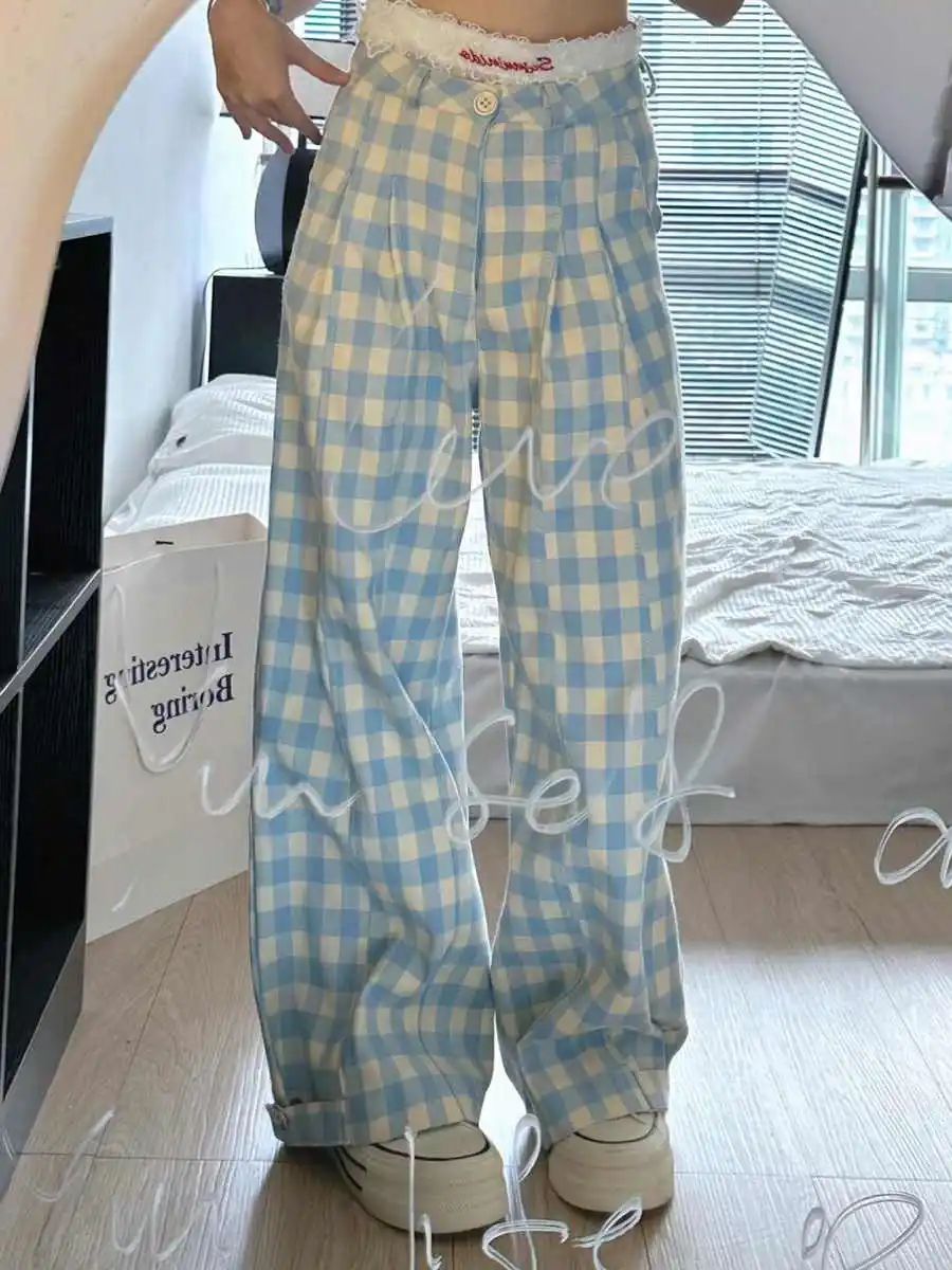 Mint Blue Checkered Casual Pants Women Spring Autumn Striped Ramie Linen Straight Leg Britches Loose Wide Leg Long Trousers