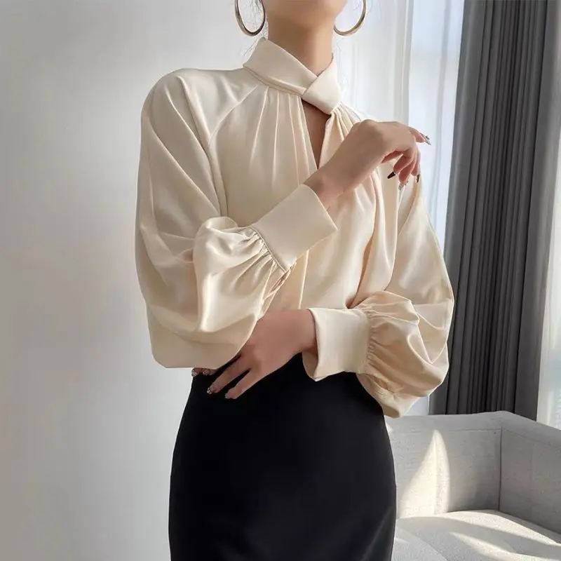 Women\'s Korean Fashion Hollow Ruffled Elegant Blouse Office Lady Stand Collar Business Casual Shirt Long Sleeve Solid Loose Tops