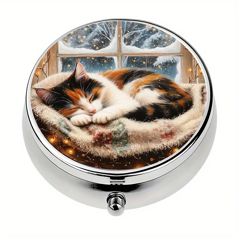 A 3-compartment pill box, featuring a Christmas winter cat scene, mini pill container, pill organizer, perfect for travel and storing vitamins