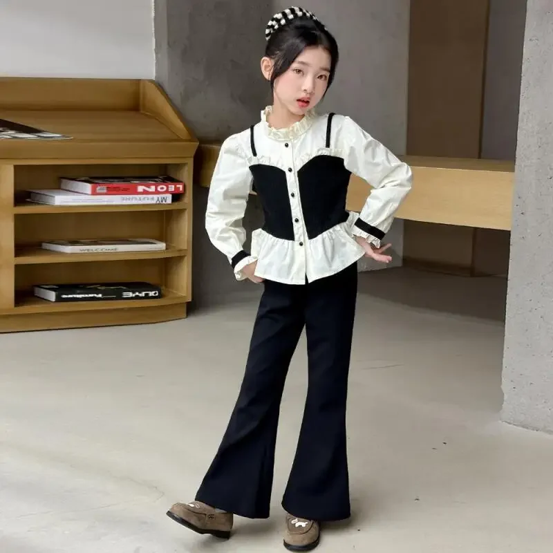 حار Kawaii فتاة بلوزات على الموضة فستان أطفال مع سروال داخلي طالب ربيع الخريف عادية الكرتون قميص جرس قيعان 2 قطعة مجموعة ملابس الأطفال