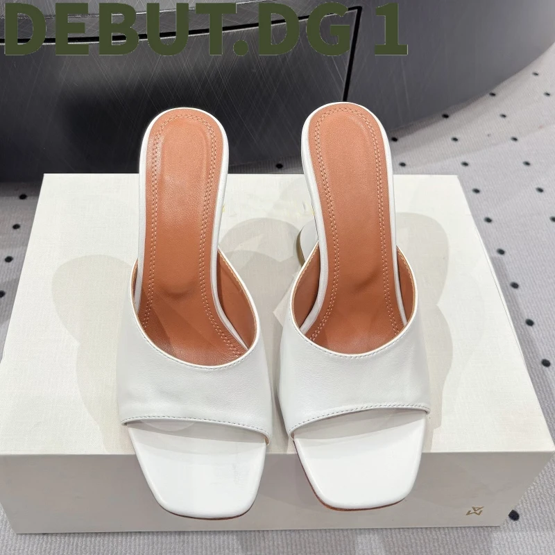 Fashion Open-Toe High Heel Slippers with 9.5cm Horseshoe Heel, Imported Cowhide & Lambskin Lining