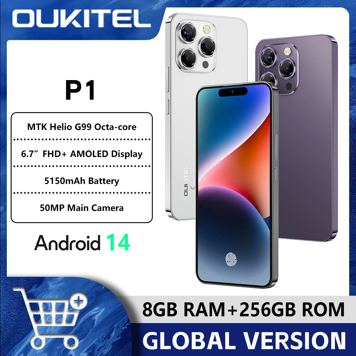 Algemene versie OUKITEL P1 Smartphone 6,7-inch 120Hz AMOLED-display MTK Helio G99 8GB RAM + 256GB ROM 50MP Hoofdcamera 5150mAh NFC