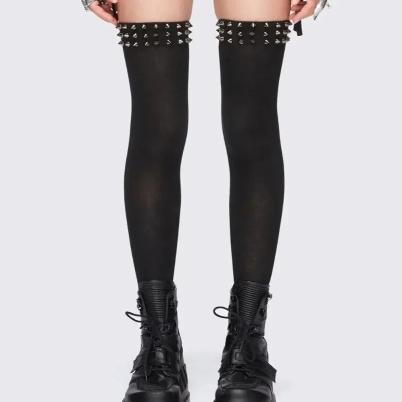 Fashionable Punk Elastic Black Knee High Spike Rivet Decoration Border Subculture Y2K Streetwear Knee High Socks Long Tube Socks