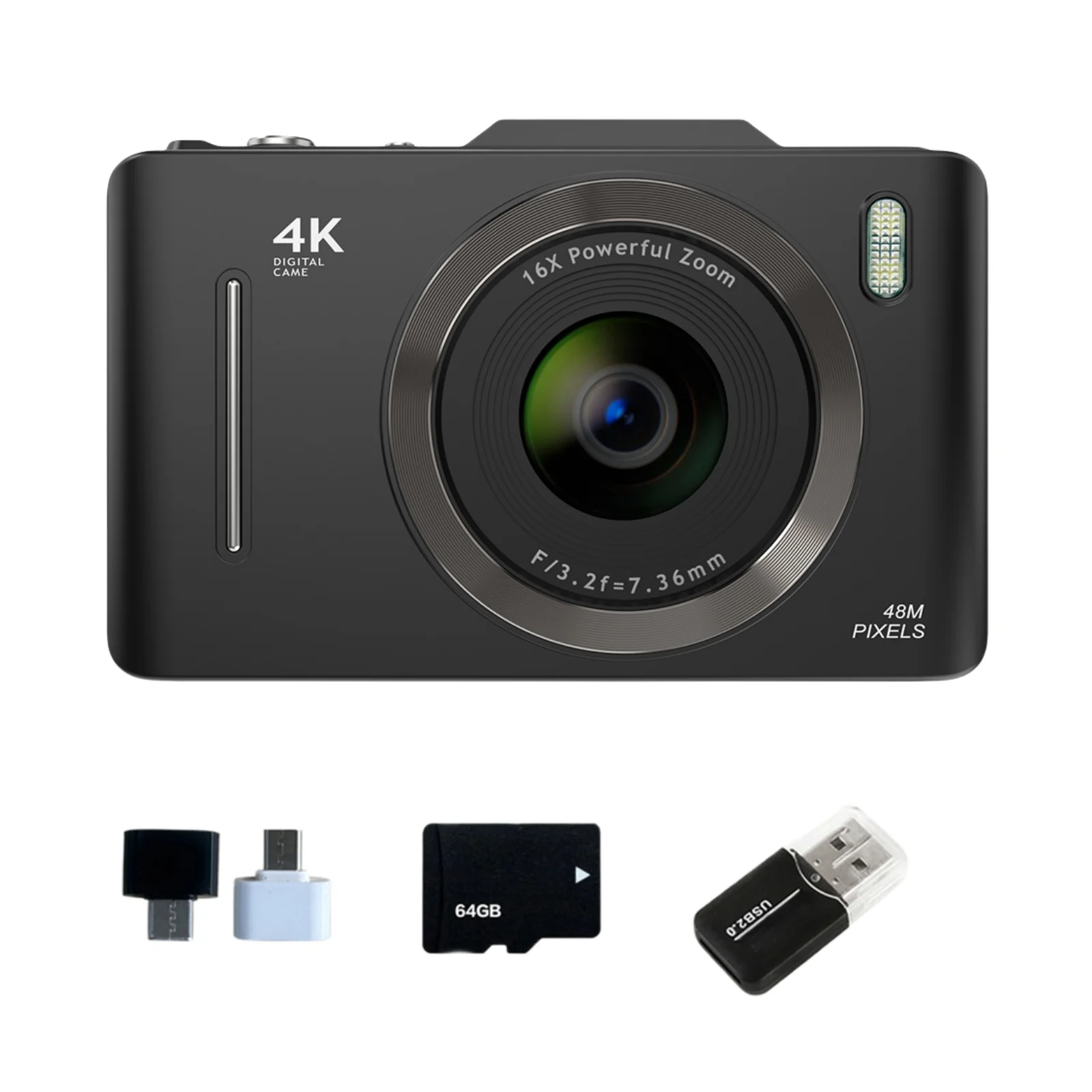 Fotocamera digitale da 2,8" con scheda 64G, 48MP, zoom 16x, video HD, timer selfie, fotocamera per studenti, USB, per bambini, studenti o viaggi