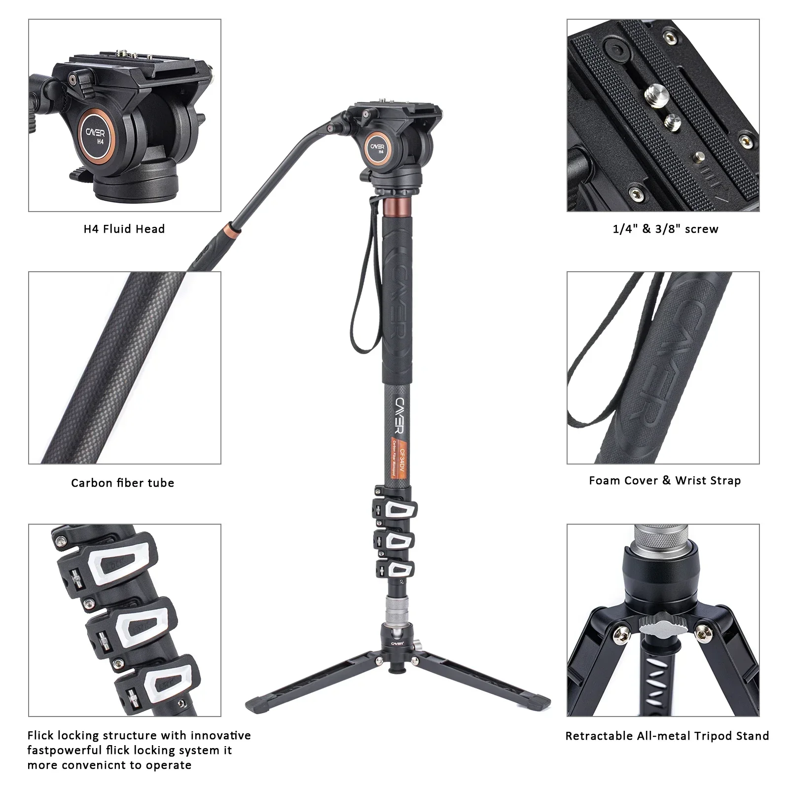 Cayer CF34DVH4 Carbon Fiber Multiple Function Camera Video Monopod Kit with Fluid Head for SLR DSLR Digital Camera