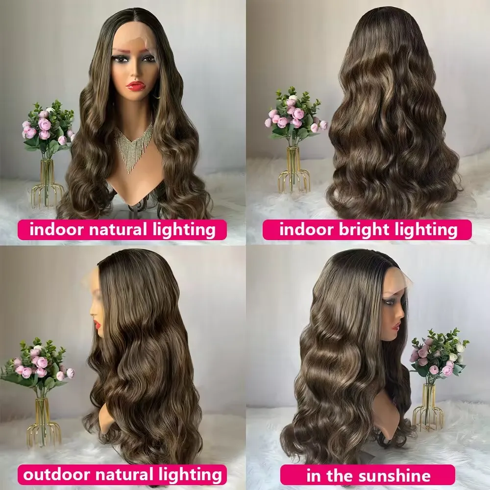شعر مستعار ناعم طويل مموج أومبير بني داكن يسلط الضوء على شعر مستعار Balayage للنساء جودة عالية الاصطناعية HD الدانتيل الجبهة الباروكات للنساء