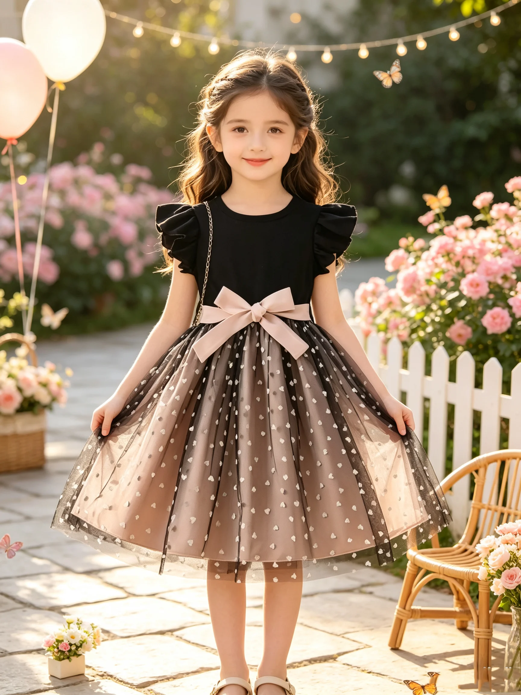 Princess Skirt Children's Dress Casual Elegant Summer Short-Sleeved Ruffled Heart-Shaped Mesh Belt Bow Tie Waist Belt