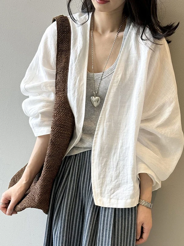 

Льняной белый длинный открытый кардиган в стиле ретро, свободная женская летняя верхняя одежда irt, тонкий, большой размер, повседневная защита от солнца