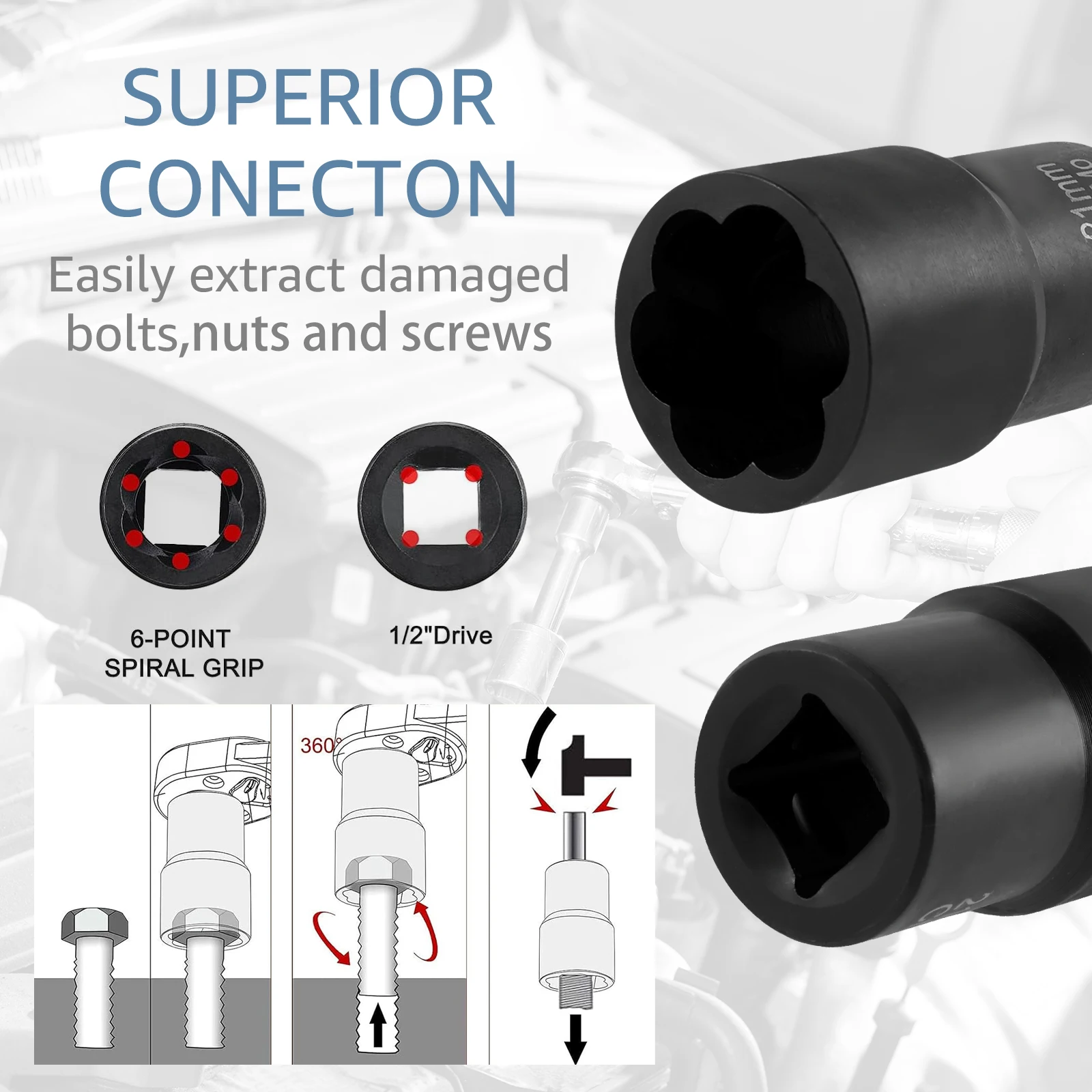 5Pcs Damaged Nut Extractor Set Durable Broken Bolt and Nut Remover 17/19/21/22mm Screw Extractor Socket Wheel Nut Removal Tool