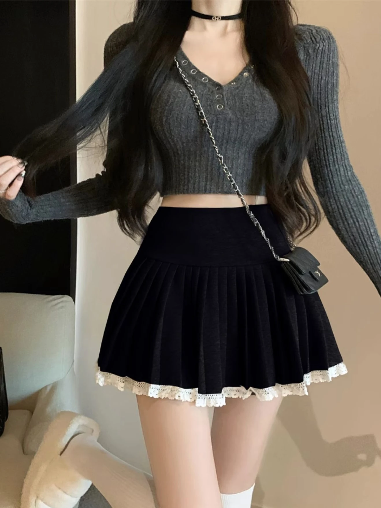 Lace Pleated Mini Skirts Women All-match Korean Style Fashion Charming Autumn Winter High Waist A-line Female Youth Simple Chic