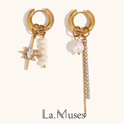 Design Asymmetric Diamonds Stainless steel Earrings Woman Pearl Charm Gold Hoops Earrings Fashion Jewelry Party Accessories