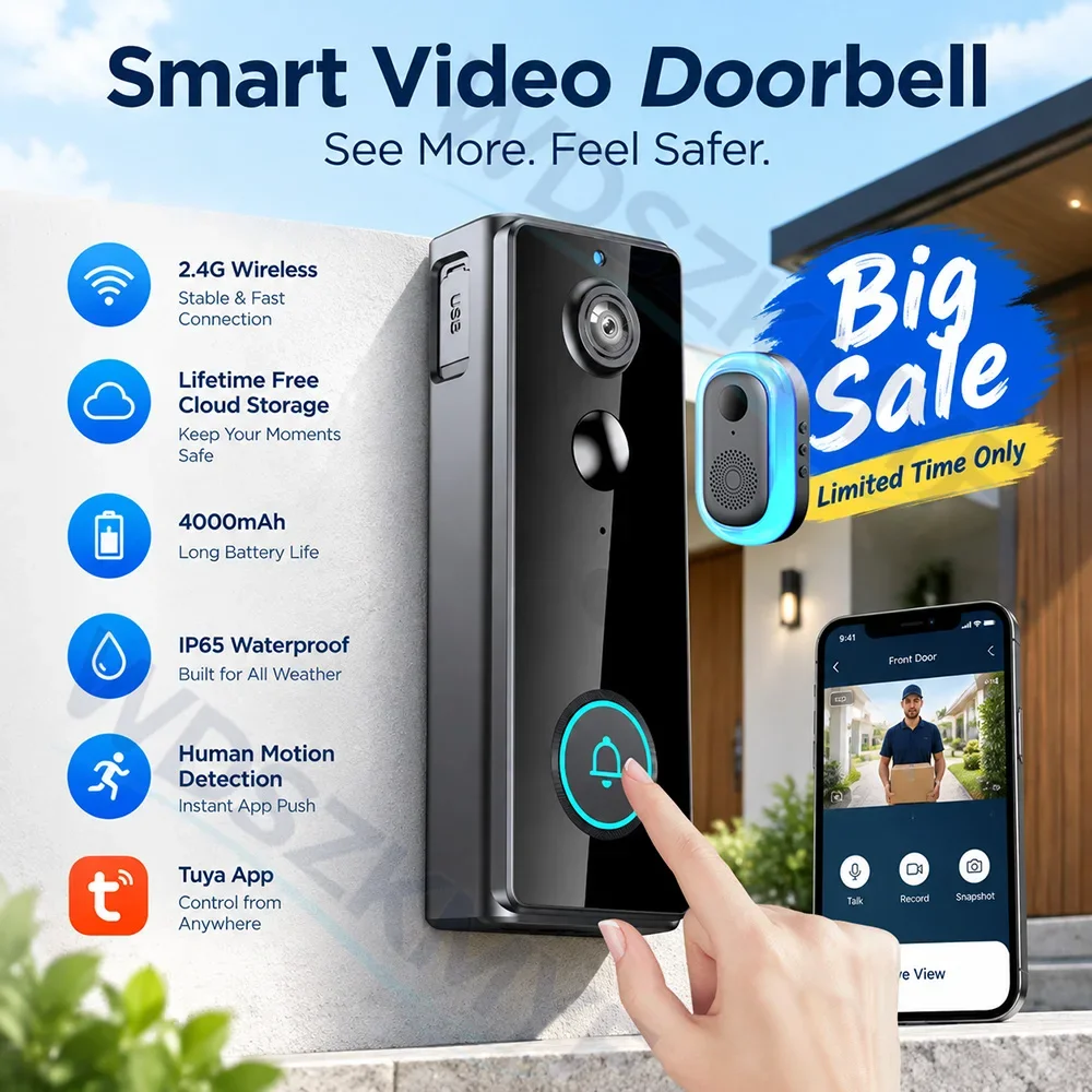 Tuya Wireless Smart Doorbell, Human Detection Video Push, Waterproof,2MP HD Night Vision, Free Cloud Storage, 4000mAh Battery