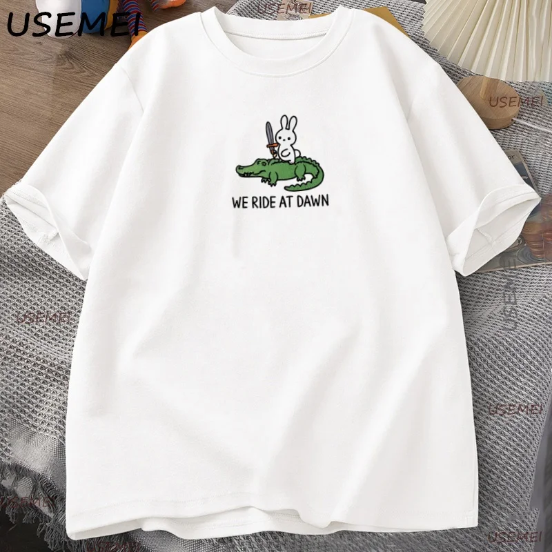 We Ride At Dawn T-Shirt Women Men Bunny and Alligator T Shirt Funny Animal Printed Tshirt O-Neck Short Sleeve Men's Clothing