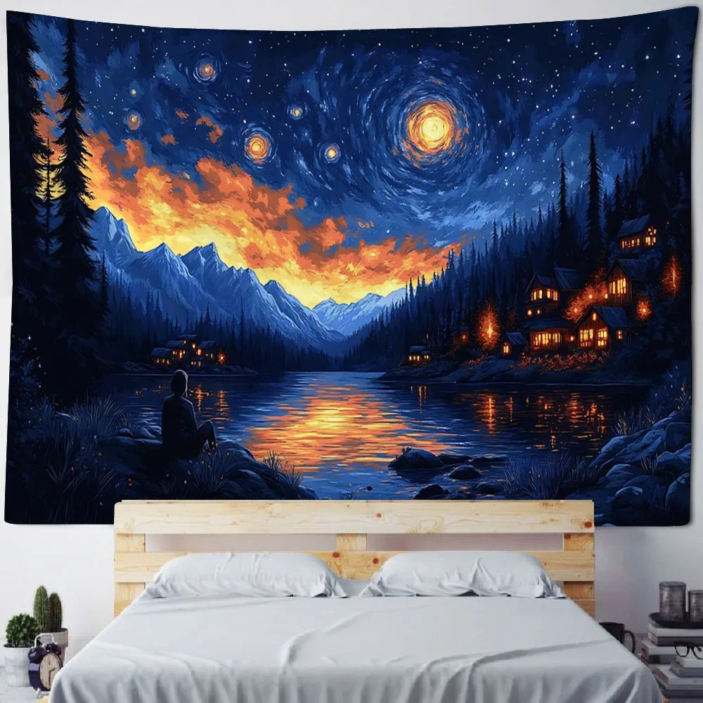 Snow Mountain Starry Sky Landscape Wall Hanging Tapestry - Aesthetic Bedhead Home Decor Background Artistry Room Decoration
