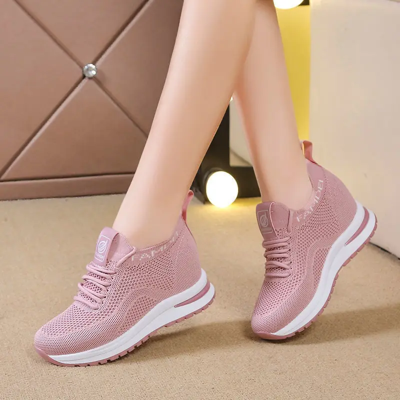 Women\'s Thick-soled Breathable Shoes High-heeled White Pink Sports Casual Shoes Mesh Black High-heeled Non-slip Casual Shoes