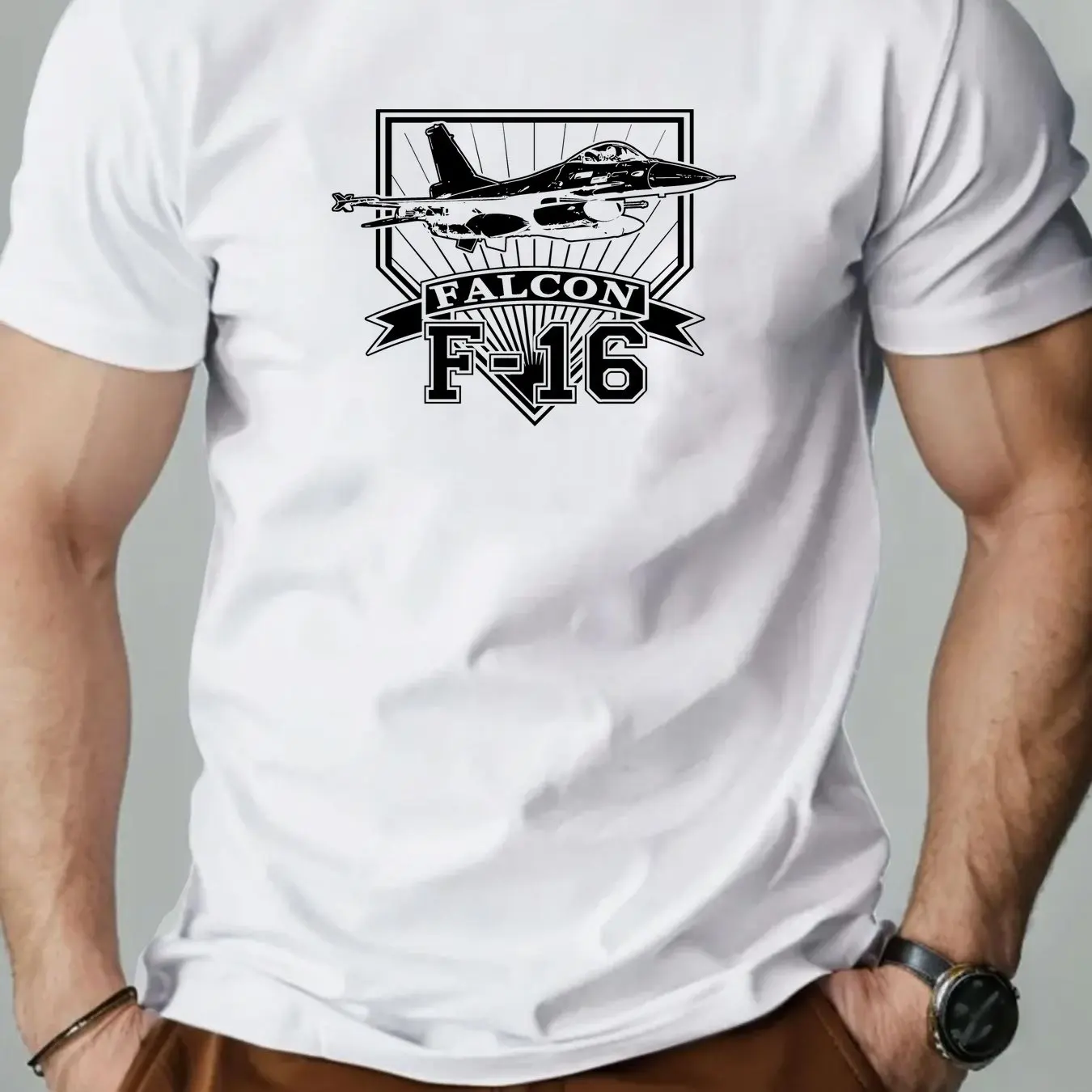 Men Falcon F-16 Fighter Jet Graphic T-Shirt Light Blue Casual Summer Crew Neck Tee Aviation Enthusiast Design Men Clothing