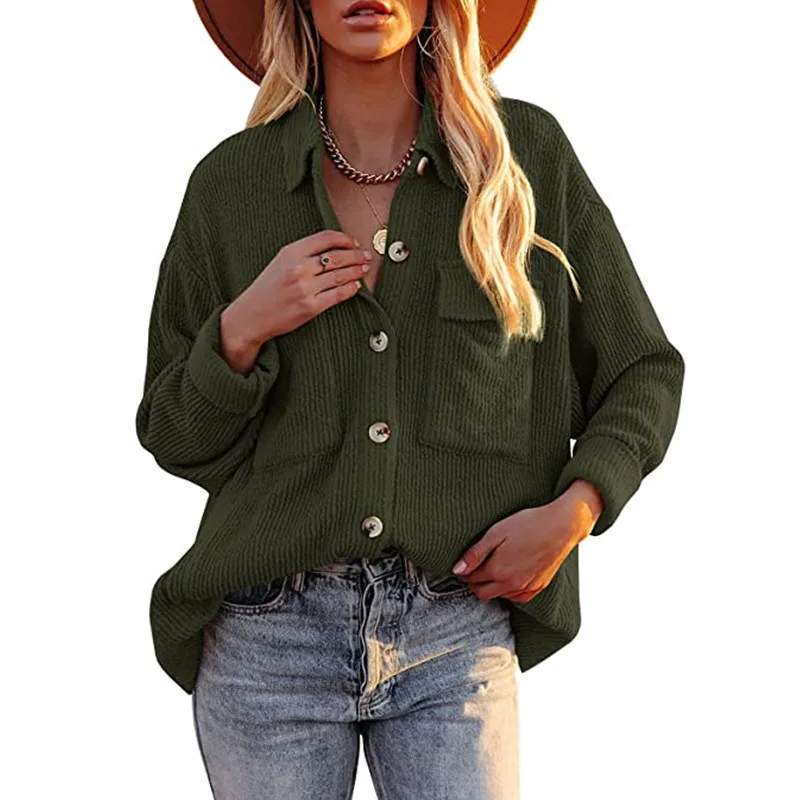 2023 Autumn and Winter Women\'s Fashion Solid Color Loose Corduroy Lapel Double Pocket Long Sleeve Casual Versatile Shirt Coat