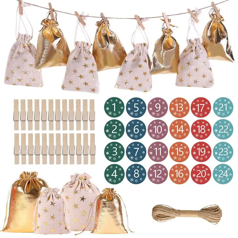 Christmas Advent Calendar 24 Days Hanging Advent Calendars Garland Gold Candy Gift Bags DIY Christmas Countdown Sacks Decoration