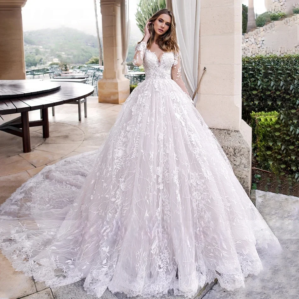 

Custom-Made Wedding Dress Elegant And Romantic Long-Sleeved Princess Bride Luxurious Beaded Lace Applique Novia Cathedral Dress