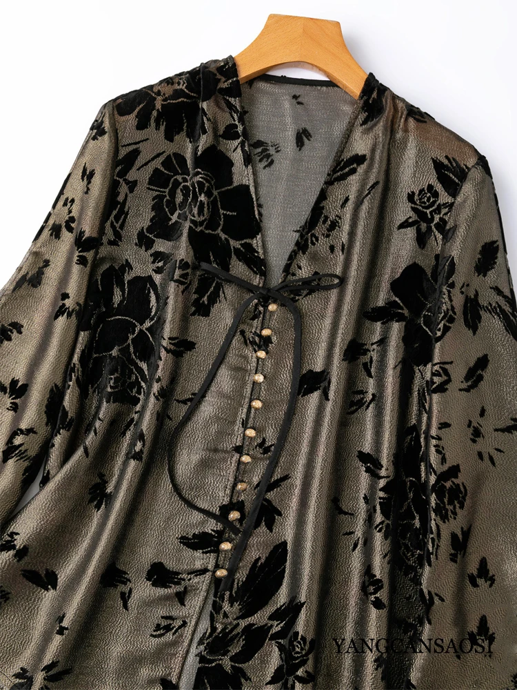 2026 Women's Fashion Autumn Clothing Luxury Half Perspective 62% Natural Mulberry Silk Velvet V-neck Split Loose Cardigan