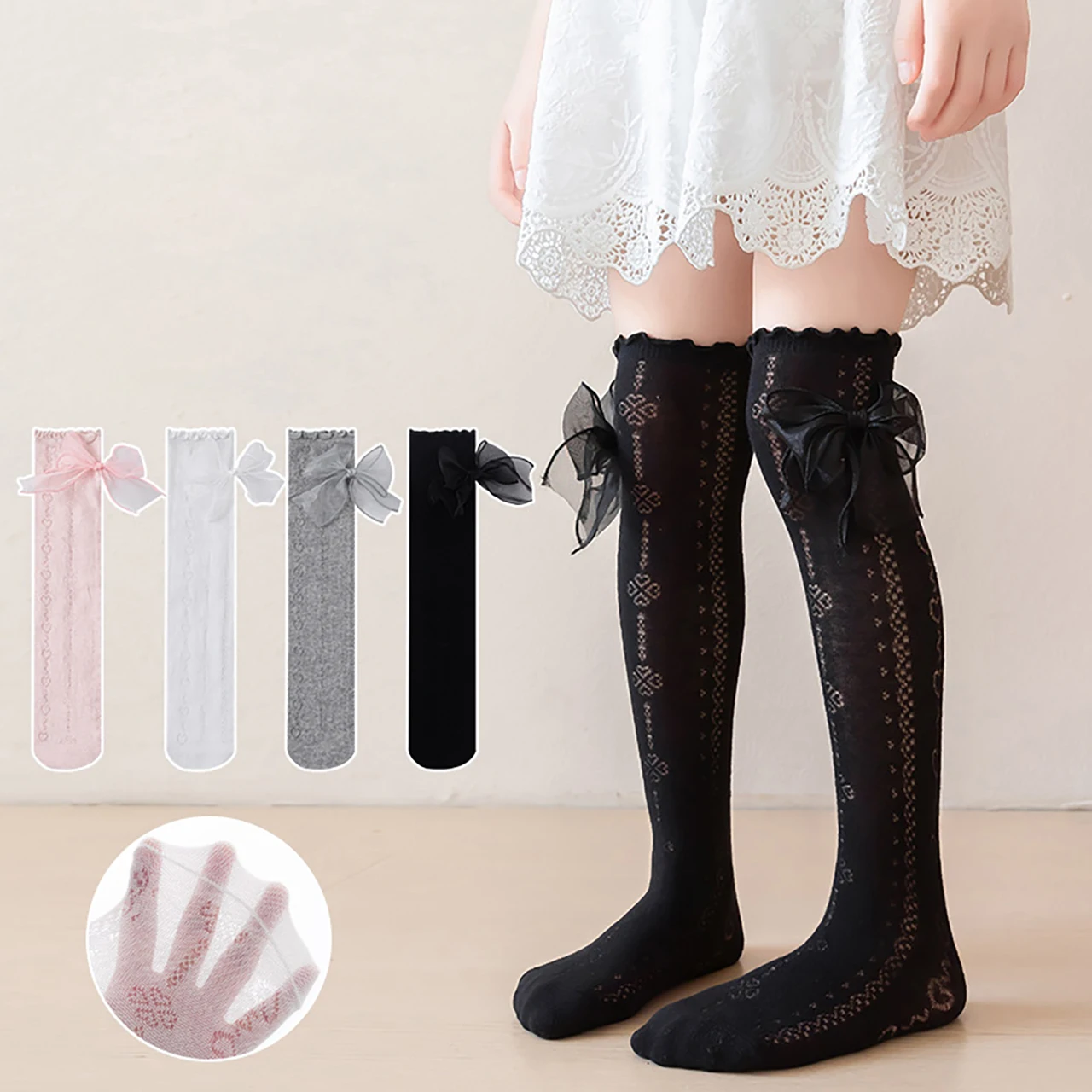 

Princess Girl Long Stockings Sweet Bow Love Over Knee High Socks Lolita Footwear 3-12Year Kids Summer Mosquito Proof Mesh Socks