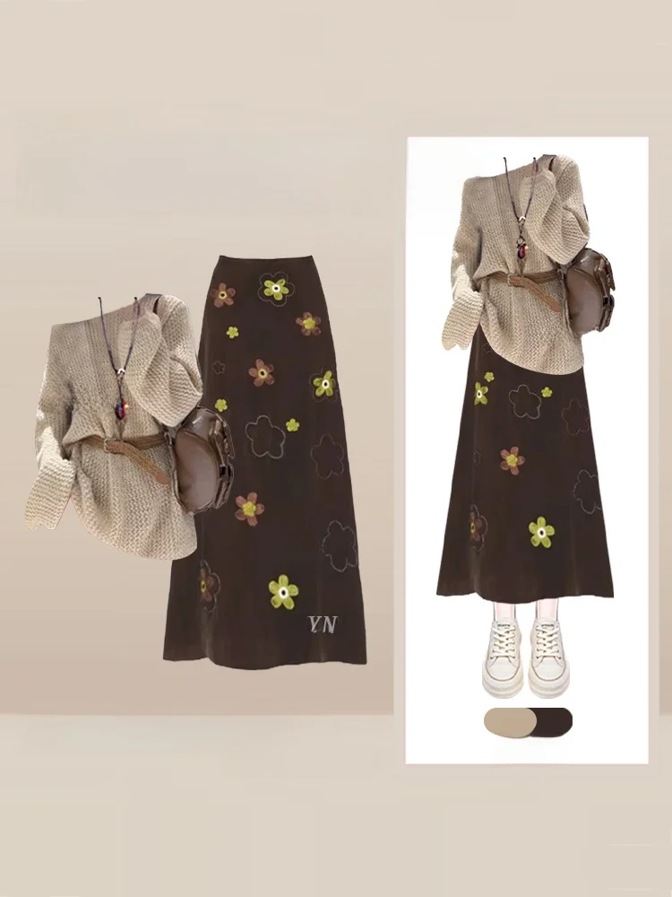 

Early Autumn Vintage Mermaid Hollow out Knitwear Women's High Waist Sweet Print Skirt Set Loose Fit V-Ne Long Sve