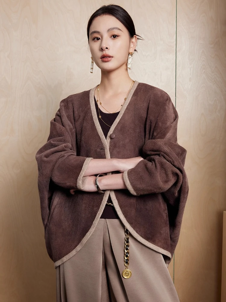 

Classic V-neck Genuine Leather Oversize Jackes for Women Spring Autumn 2026 New High-end Simple Casual Real Sheepskin Suede Coat