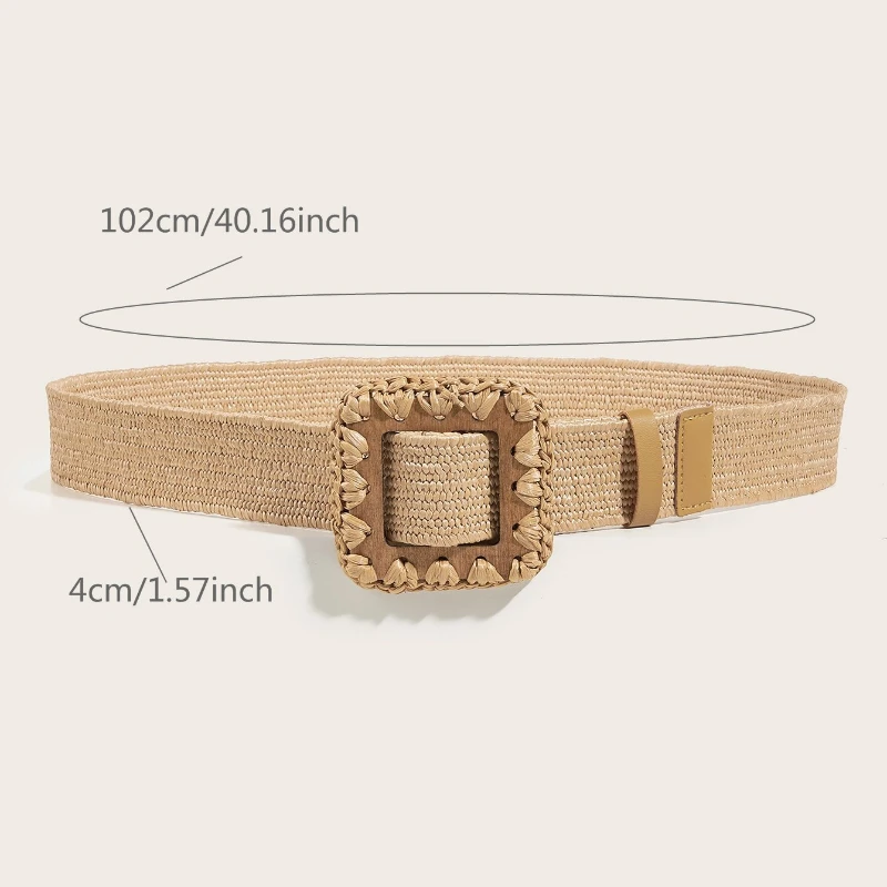 Vintage Square Buckle Woven PP Grass Belt for Women Literary Dress Accessories Handmade Elastic Classic Belts