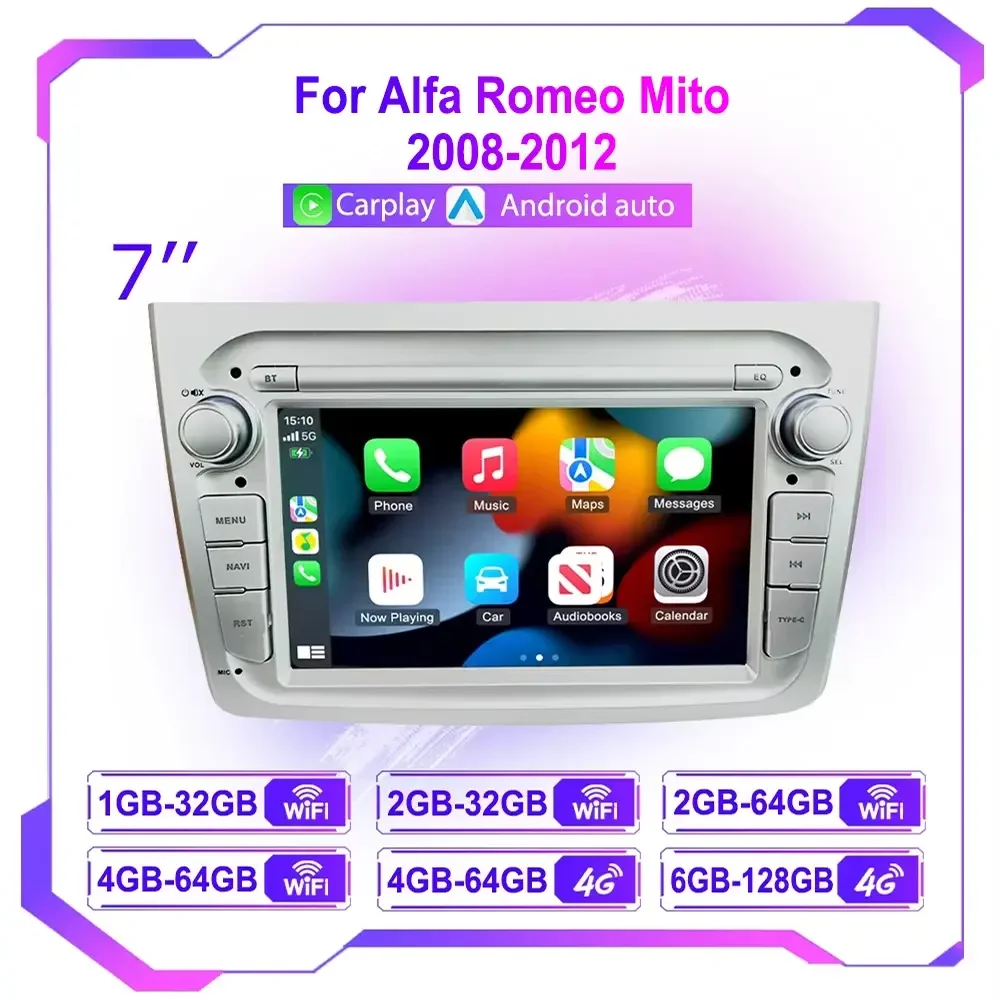 Apple CarPlay Car Radio for Alfa Romeo Mito 2008-2013 with Android 13, FM RDS, GPS Navigation, Wifi, 4G LTE, IPS Touchscreen Mul