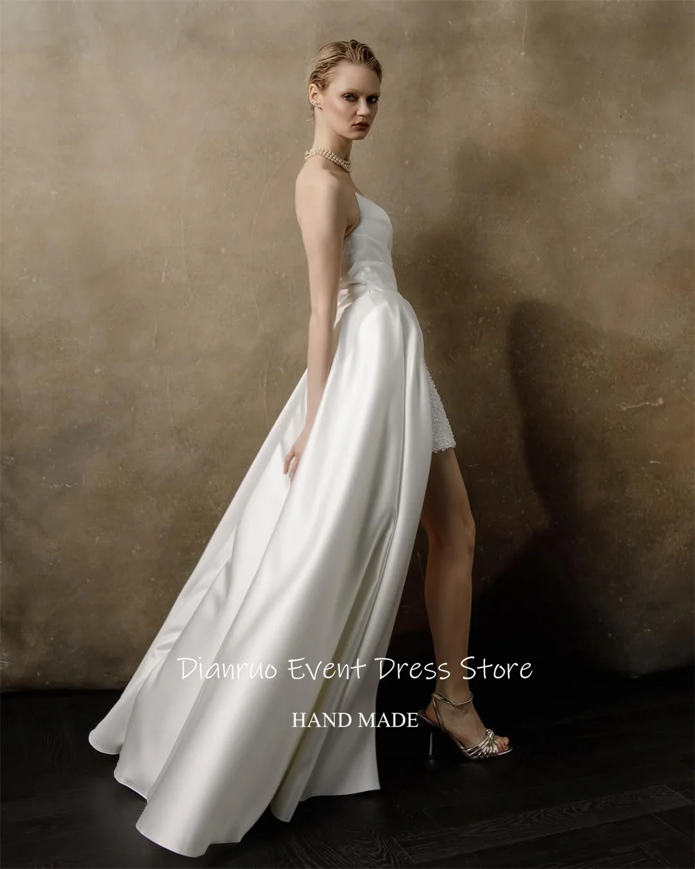 Dianruo Exquisites Hochzeitskleid mit hohem, niedrigem Saum, herzförmig, romantisch, Vestidos De Novia, Satin, ärmellos, Sermon PiPe Maga, Maßgeschneidert