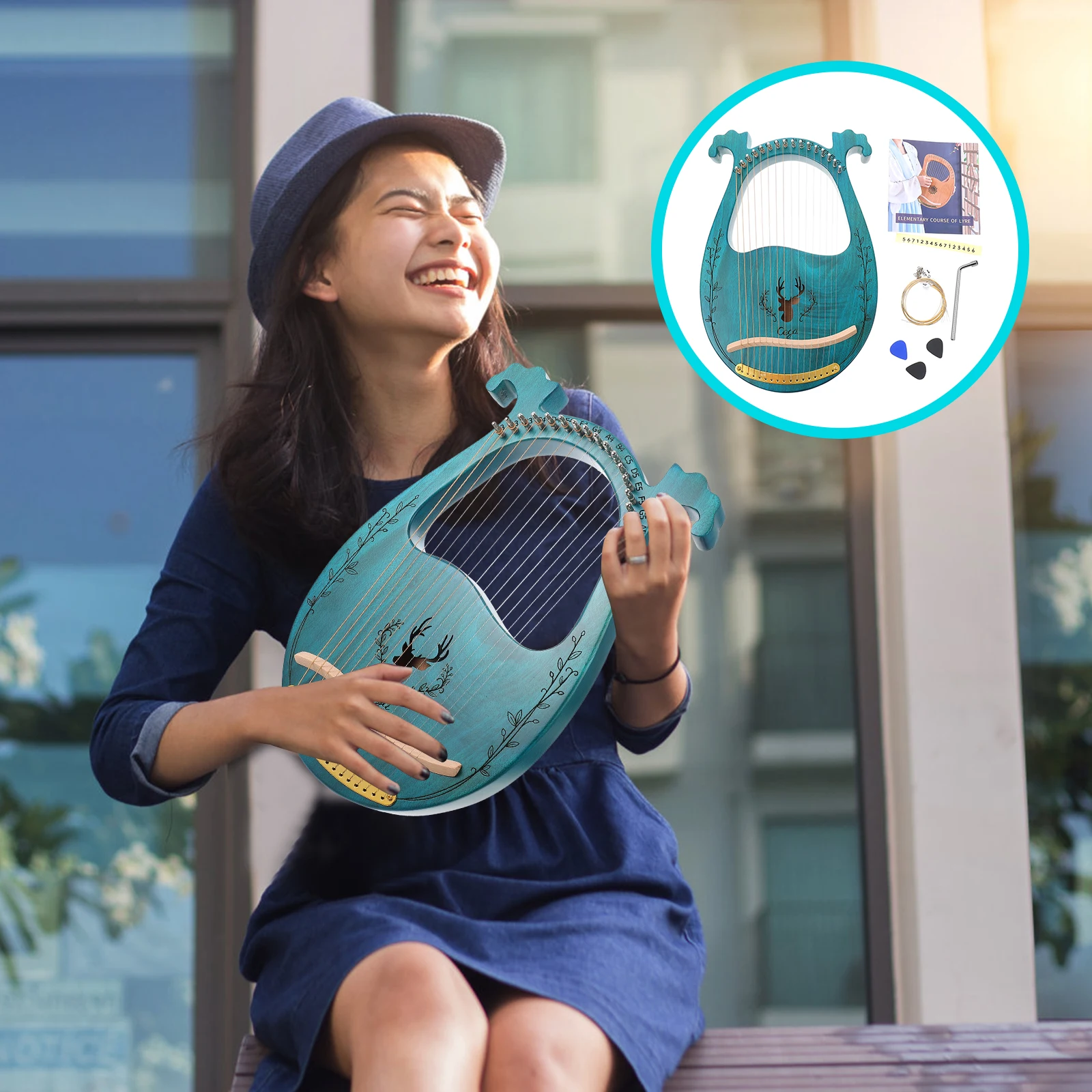 

16 String Lyre Harp Musical Instrument Smooth Wood Body Kids Beginners 17 Keys Accessories Extra Strings Picks Retro Design