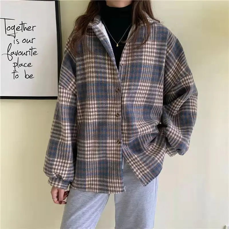 Velvet Thickening Outer Wear Warm Peplum Shirt Women Korean Plaid  Autumn Winter New Fashion 2023 Pocket Top