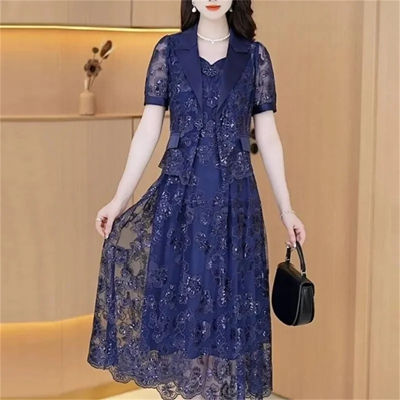 Lace Dress Women\'s High end Luxury Lady Two Piece Sets Silk Dress Suit Jacket And Dress 2023 Summer Waist Slim Long A-line Dress